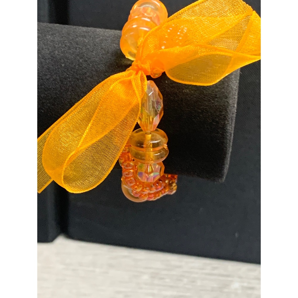 Orange Iridescent Beaded Stretch Bracelet Set 3-Strand Organza Bow 4045